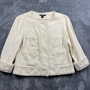 GAP 100% Cotton OFF White Ivory 3/4 Sleeve Womens 4-Pocket Jacket Fringe Size M
